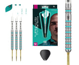 Steel tip tungsten darts set with grip detail, retail packaging, flights, spare point tool, isolated on white background