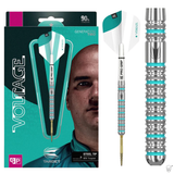 Steel tip tungsten dart in retail packaging and close-up, highlighting precision grip barrel, Pro Grip shaft, and turquoise ring details