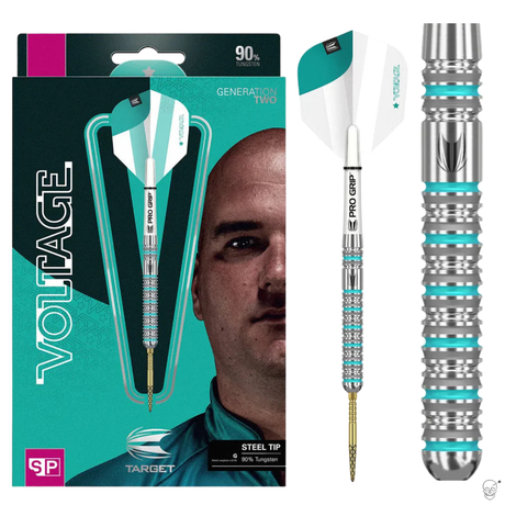 Steel tip tungsten dart in retail packaging and close-up, highlighting precision grip barrel, Pro Grip shaft, and turquoise ring details