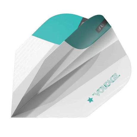 Close-up angled view of a single No.6 dart flight, white and aqua color scheme, VOLTAGE text, premium flights for darts