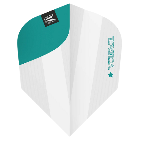 Single No.6 dart flight full view, white with teal accent, Voltage logo, isolated on white for darts accessories