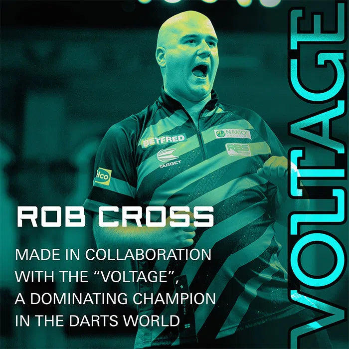 Rob Cross celebrates in a dynamic lifestyle shot, highlighting collaboration for professional darts and competitive dart equipment
