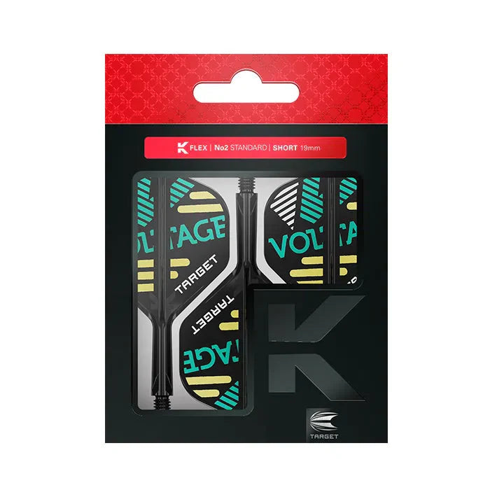 K-Flex No.2 standard dart shafts and Voltage flights in retail packaging, black and teal, e-commerce display