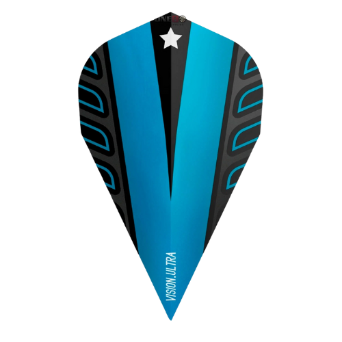 Blue black dart flight full view isolated on white, Vision Ultra style, textured vapor pattern for dart accuracy