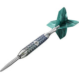 Angled view of tungsten dart with textured grip, precision steel tip, and geometric green flight on white background