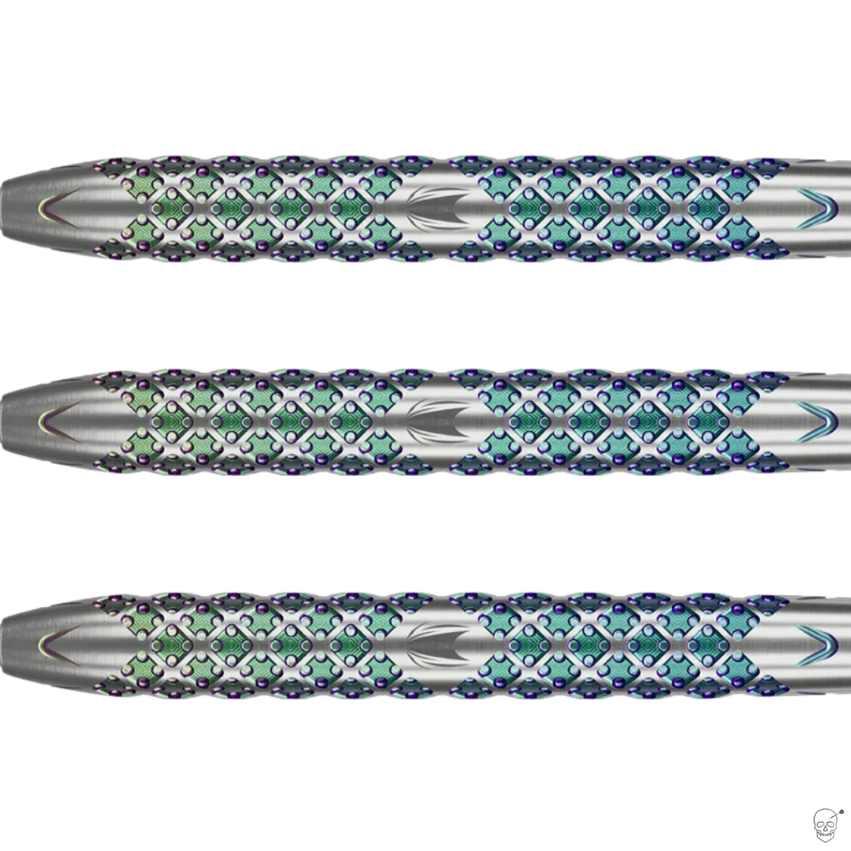 Close-up of three 90% tungsten dart barrels with detailed grip pattern and multi-color finish, isolated on white
