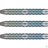 Close-up of three 90% tungsten dart barrels with detailed grip pattern and multi-color finish, isolated on white