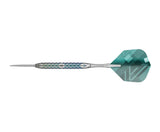 90 tungsten dart full side view, diamond grip barrel, textured tip, teal geometric flight, isolated on white background