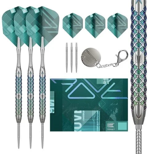 Flat lay showing three 90% tungsten darts, extra teal flights, tips, keychain, close-up knurled grip pattern, and Rove 01 packaging.
