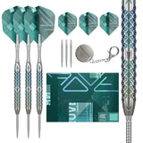 Flat lay showing three 90% tungsten darts, extra teal flights, tips, keychain, close-up knurled grip pattern, and Rove 01 packaging.