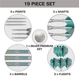 Full 19-piece tungsten darts set laid out top-down with points, barrels, shafts, flights, and silver key, each grouped and labeled for easy reference