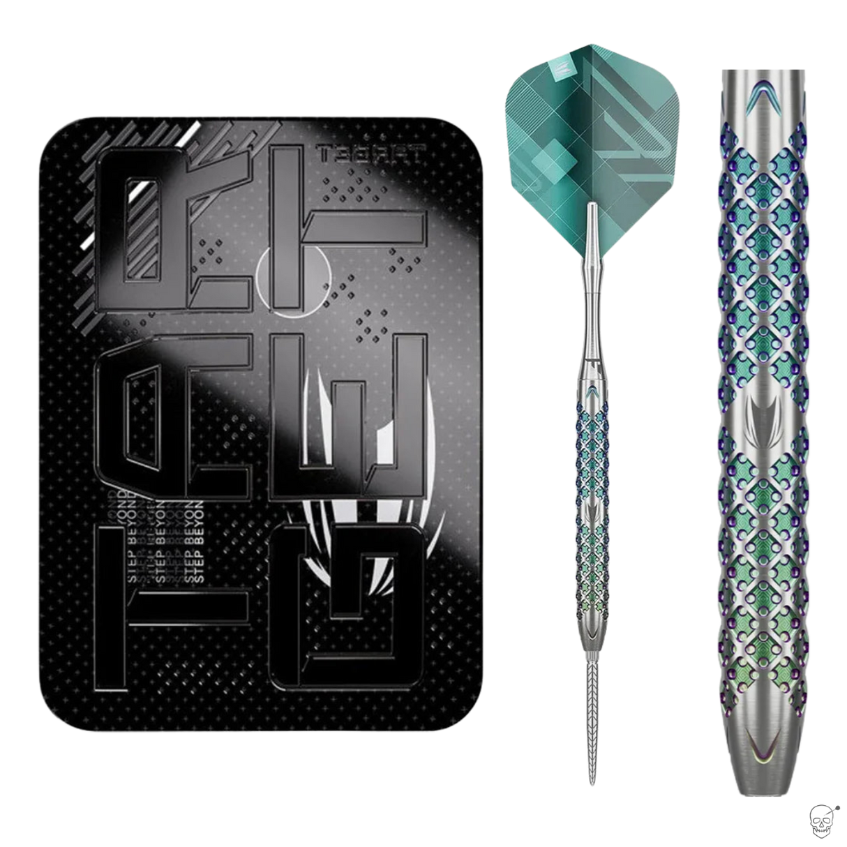 90% tungsten dart with geometric barrel grip pattern, displayed with case and close-up on white background