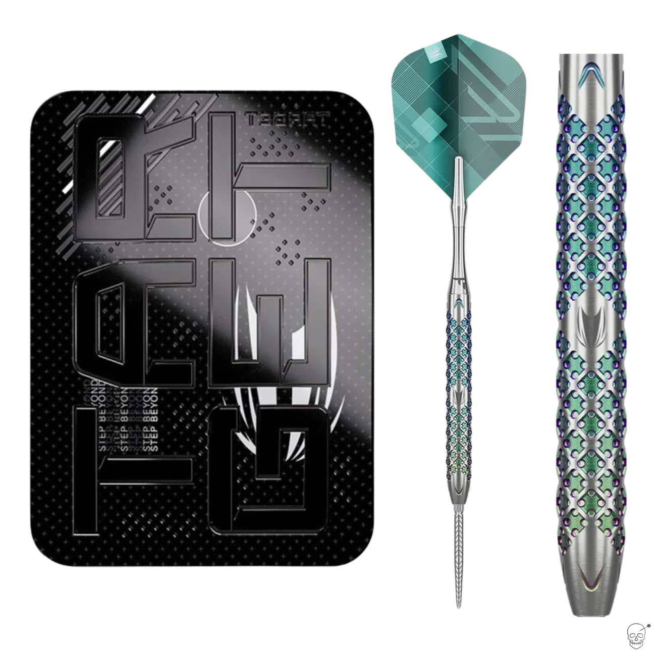 90% tungsten dart with geometric barrel grip pattern, displayed with case and close-up on white background