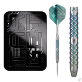 90% tungsten dart with geometric barrel grip pattern, displayed with case and close-up on white background