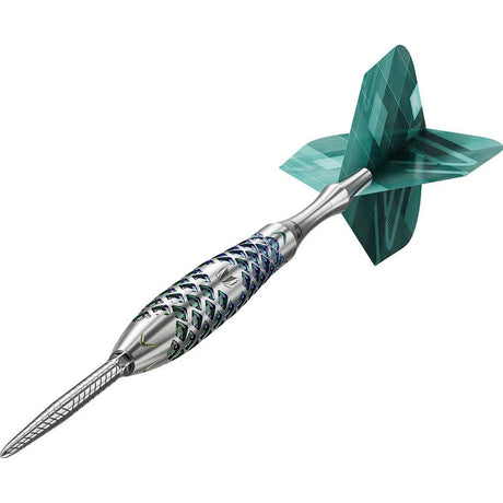 Angled close-up of 90% tungsten dart with intricate barrel grip and geometric green flight, isolated on white background