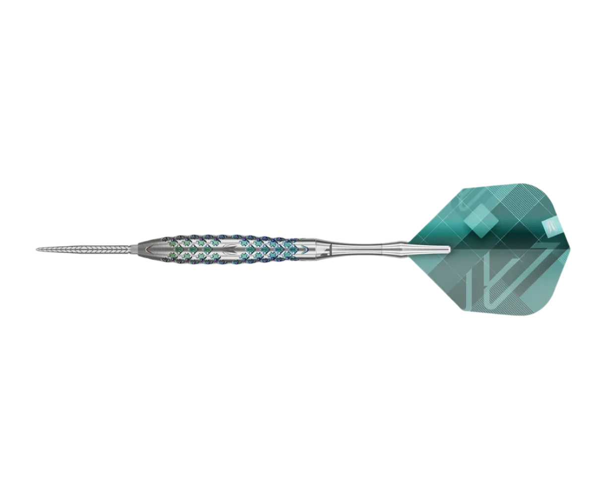 Full view tungsten dart with textured blue-green barrel and geometric design flight on white background