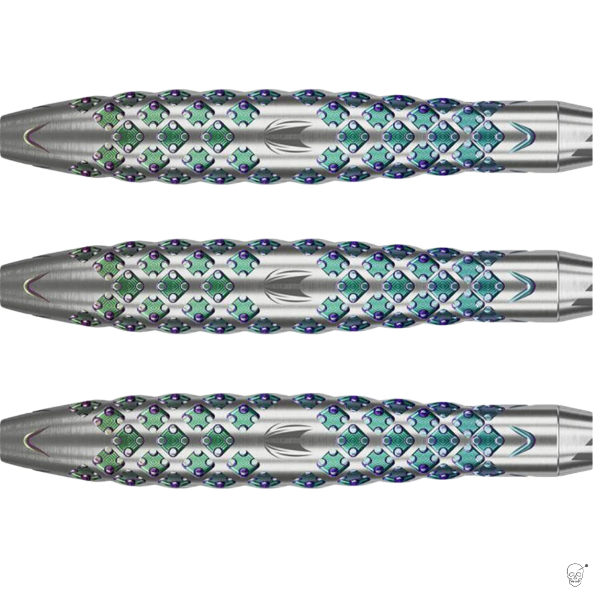 Close-up of three 90% tungsten dart barrels showing detailed grip pattern and colored machining, isolated on white background