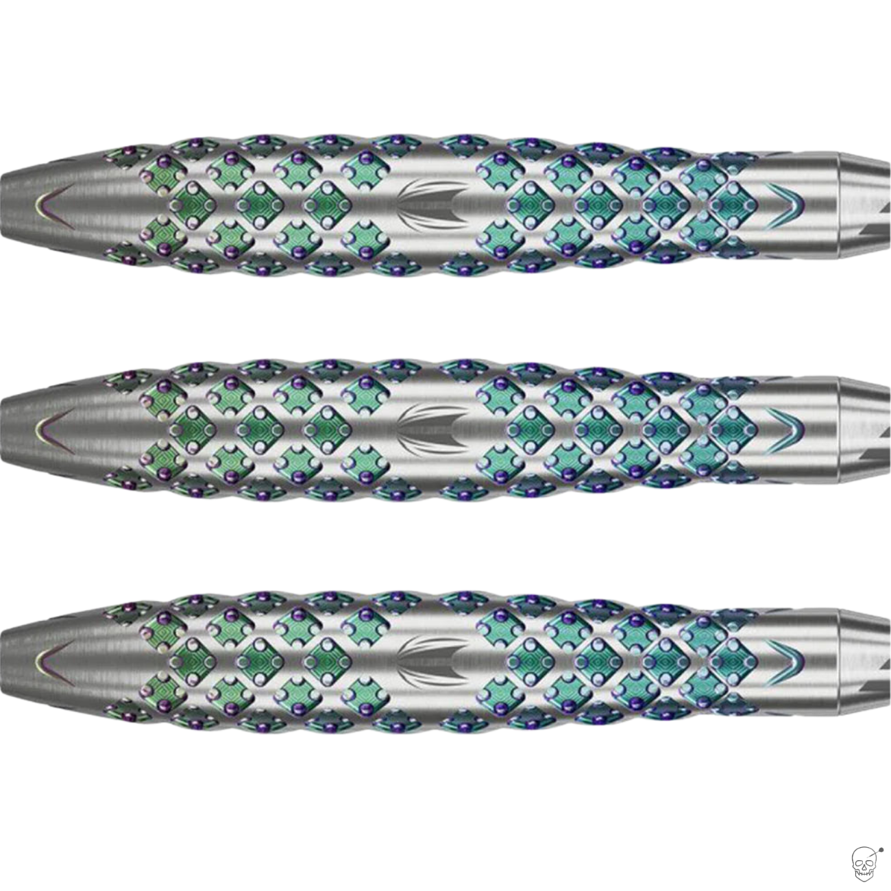Close-up of three 90% tungsten dart barrels showing detailed grip pattern and colored machining, isolated on white background