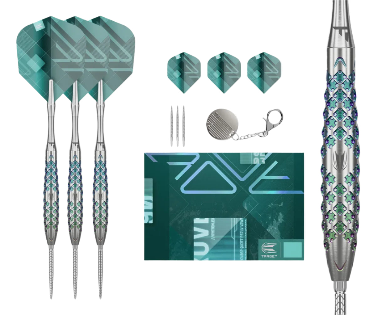 Rove 02 90% tungsten darts flat lay with three assembled darts, spare flights, extra tips, close-up on grip, and included dart accessories