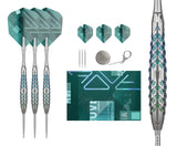 Rove 02 90% tungsten darts flat lay with three assembled darts, spare flights, extra tips, close-up on grip, and included dart accessories