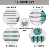 19 piece dart set with close-up views of 6 points, 3 shafts, 3 barrels, 6 flights, and a silver premium key, all components arranged on white
