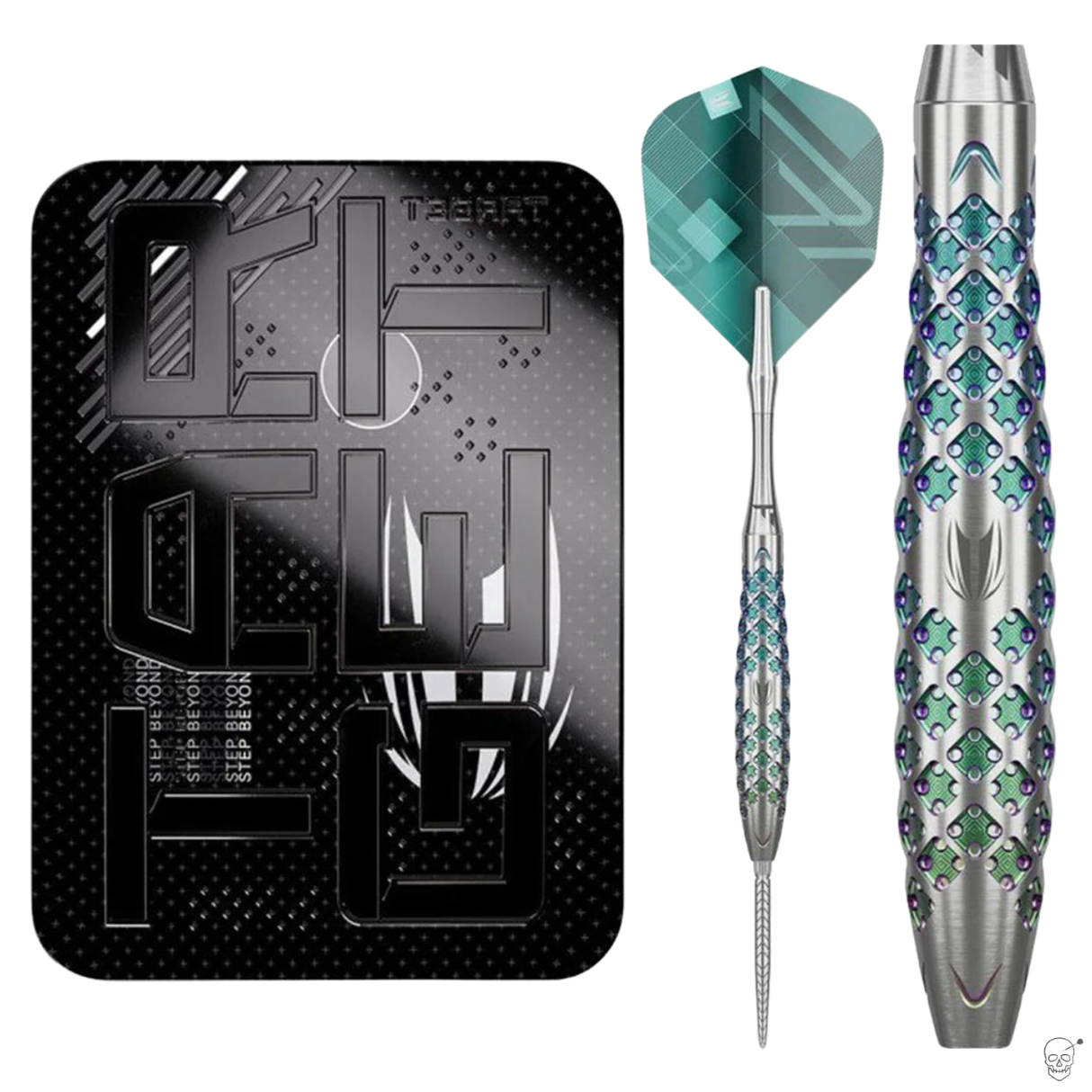 90% tungsten dart with textured barrel grip, teal flight, and retail box, isolated on white background, showcasing grip detail