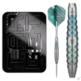 90% tungsten dart with textured barrel grip, teal flight, and retail box, isolated on white background, showcasing grip detail