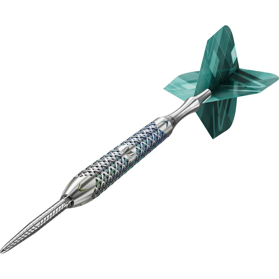 Angled view tungsten dart with textured barrel grip, precision milled tip, and teal patterned flight on white background