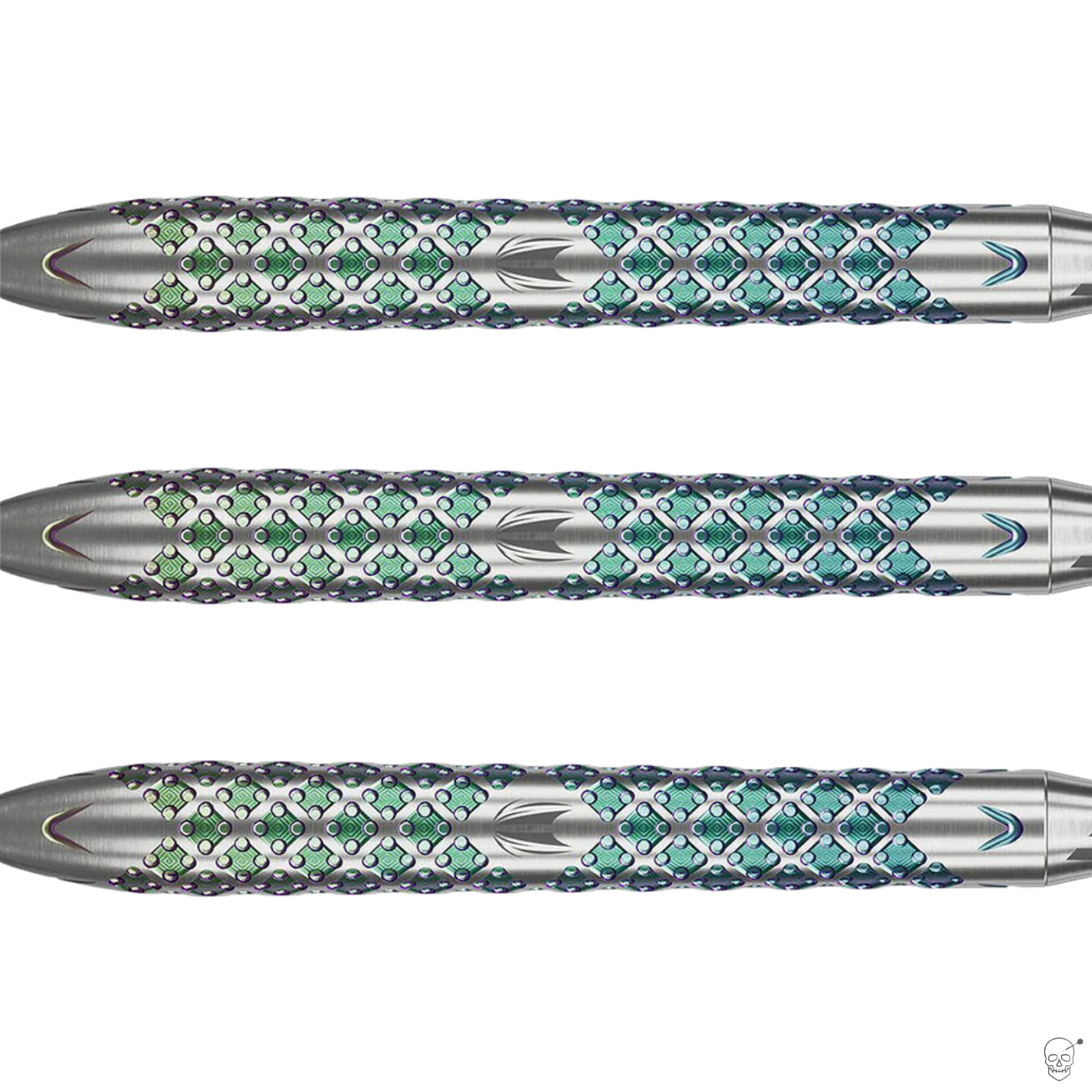 Three tungsten dart barrels in close-up showing intricate blue-green grip texture and engraved barrel pattern on white background