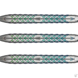 Three tungsten dart barrels in close-up showing intricate blue-green grip texture and engraved barrel pattern on white background