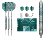 Flat lay of 90% tungsten darts set with detailed grip, teal flights, spare points, flights, tool, and packaging on white background