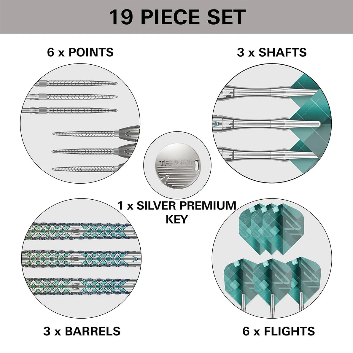 19-piece tungsten darts set displayed top-down with grouped points, shafts, barrels, flights, and a silver key for dart assembly