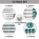 19-piece tungsten darts set displayed top-down with grouped points, shafts, barrels, flights, and a silver key for dart assembly