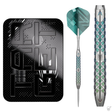 90% tungsten dart with geometric grip, teal flight, close-up barrel detail, and retail case, full view on white background