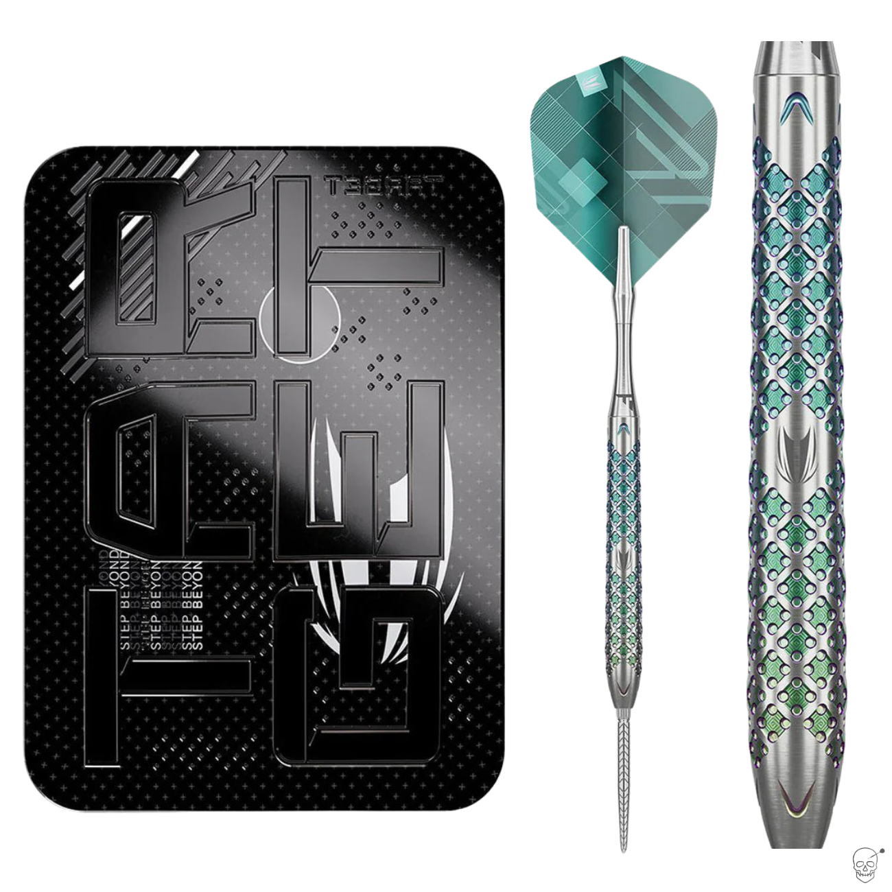 90% tungsten dart with geometric grip, teal flight, close-up barrel detail, and retail case, full view on white background