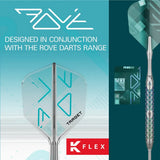 Close-up rear and full side view of integrated K-Flex dart flight and shaft featuring geometric grip, transparent flight, premium dart design