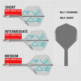 Top-down view of three Rove K-Flex dart shafts with flights in short, intermediate, and medium lengths plus diagram comparing standard No.2 and No.6 flight shapes