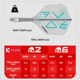 Top-down view of clear K-Flex No.2 integrated dart flight and shaft, size chart with shaft lengths, total lengths, and weights for dart buyers.