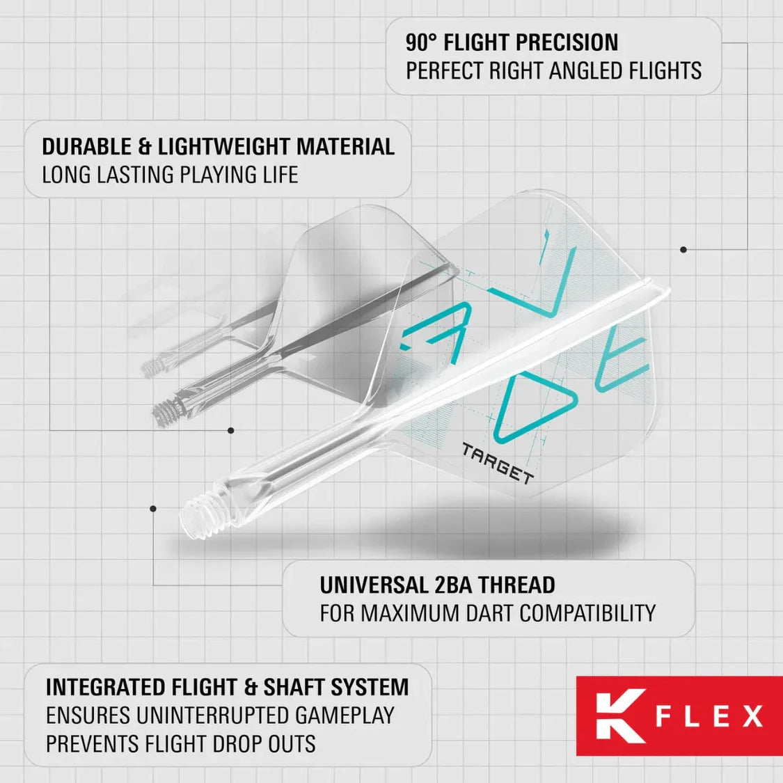 Angled view of clear K-Flex integrated dart flights and shafts, showing 2BA thread, durable lightweight material, and right-angle precision design.