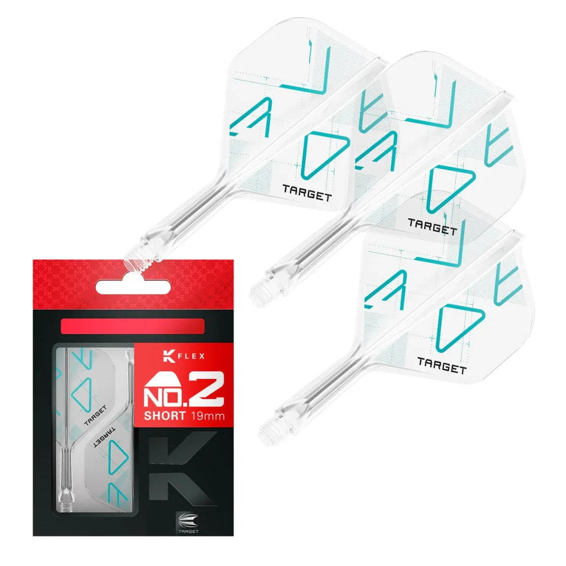 Three clear K-Flex No.2 integrated dart flights and shafts displayed above short 19mm retail packaging