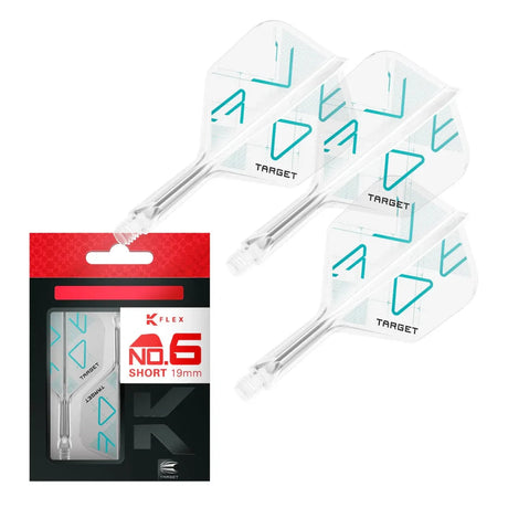 Three K-Flex No.6 integrated dart flights with shafts arranged diagonally, shown with retail packaging, clear flight design on white background