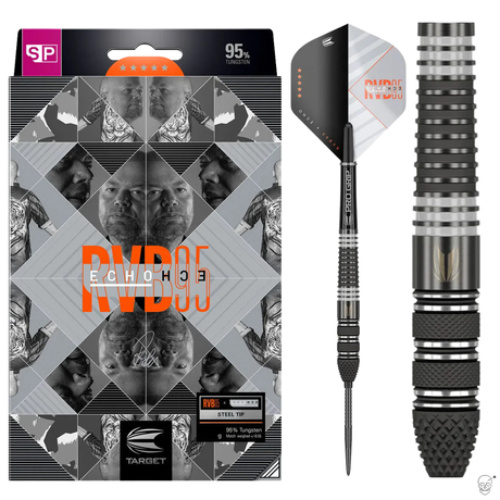 Steel tip tungsten dart shown in packaging, full view, and macro close-up highlighting grip texture and barrel grooves