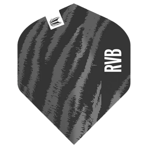 Close-up of RVB No.2 dart flight with black and grey pattern, bold lettering, isolated on white background for dart accessories.