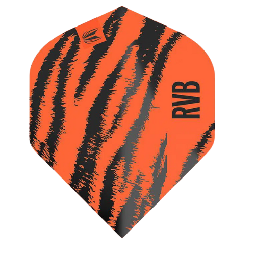 Full view orange dart flight with black tiger stripes and RVB lettering, isolated on white background, No.2 Pro Ultra shape