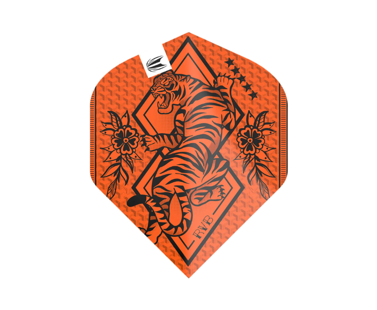 Single orange dart flight with black tiger and floral tattoo design, 100 micron, isolated on white background