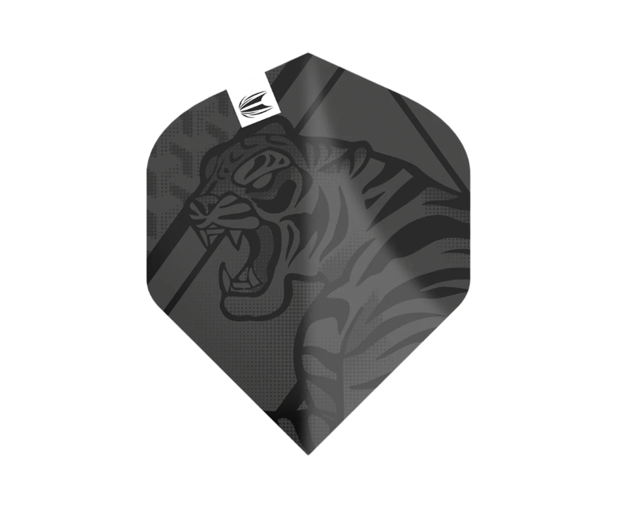 Black dart flight close-up featuring fierce tiger graphic, standard shape, 100 micron thickness, isolated on white background