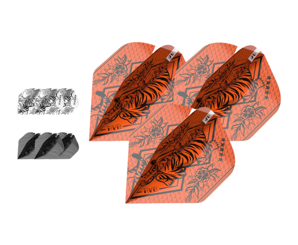 Three sets of dart flights with tiger and floral designs, arranged on white background for clear product display.
