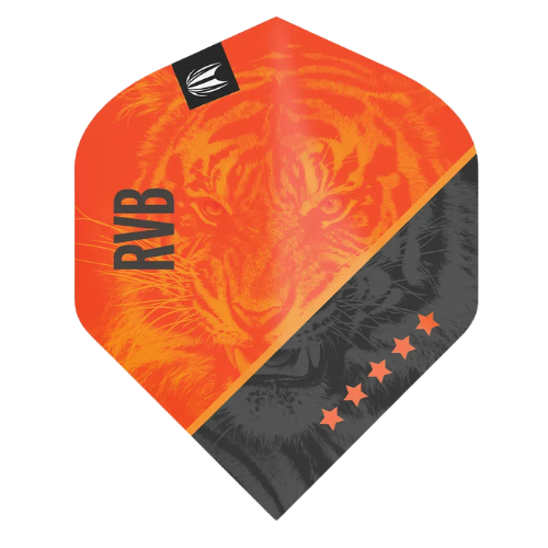 Dart flight full view with bold tiger graphic, RVB lettering, star details, isolated on white for dartboard equipment