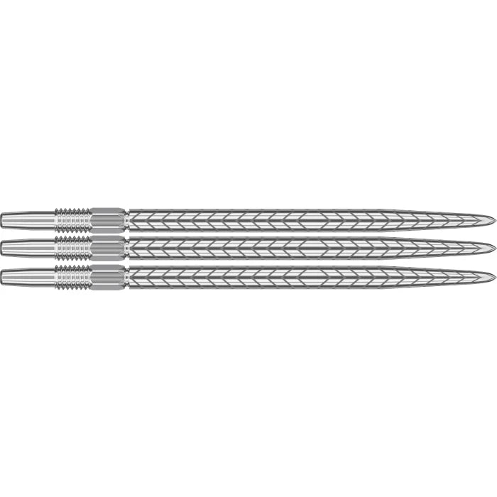 Three Swiss dart points with laser-etched grip design, full side view, aligned on white background for darts accessories