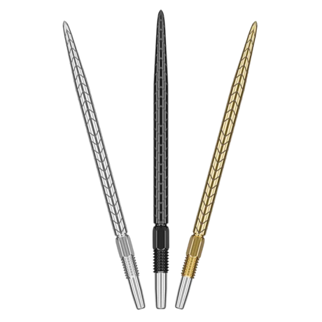 Three Swiss dart points with laser-etched grip in silver, black, and gold, full view on white background for dart accessories